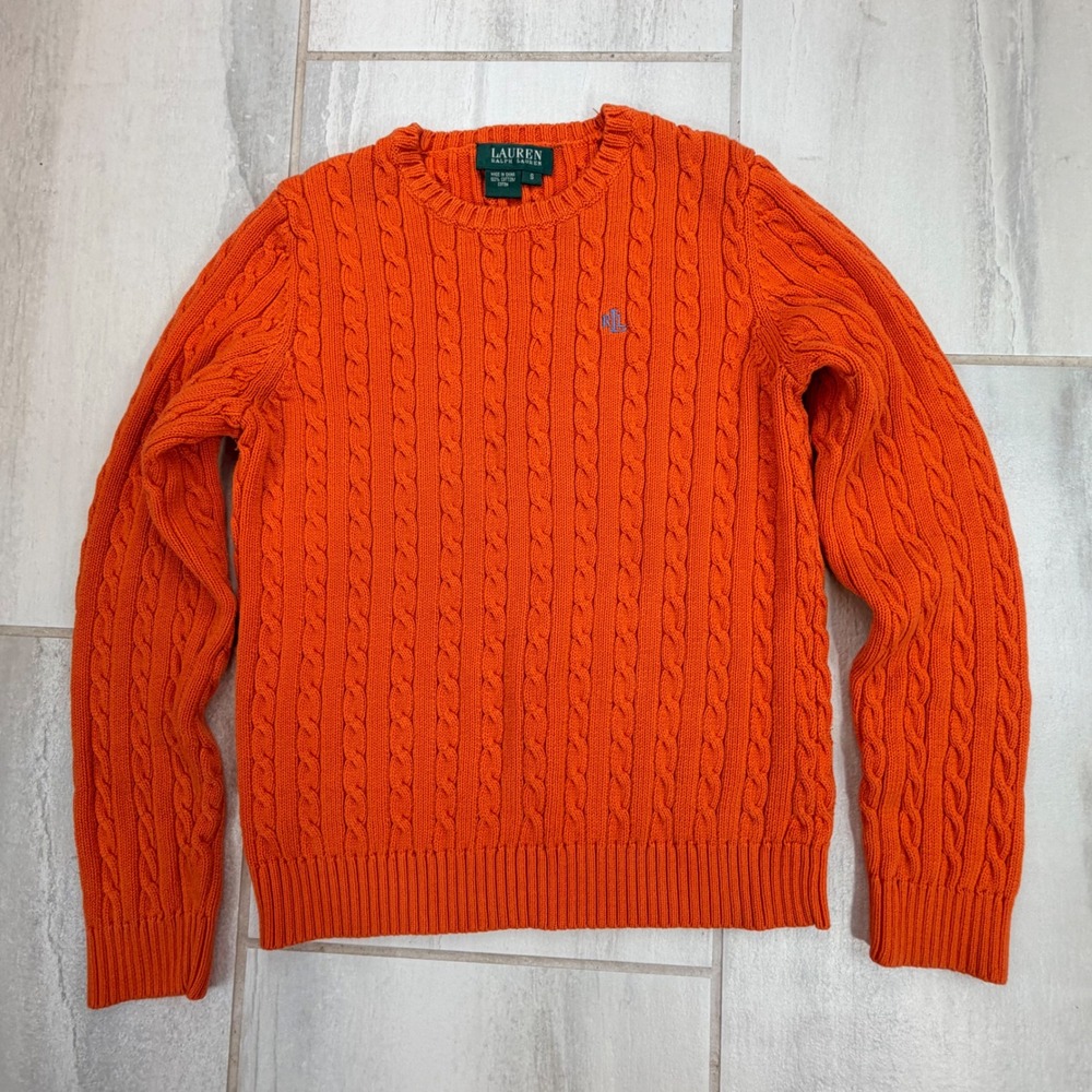 Lauren Ralph Lauren Orange Cable Knit Cotton Sweater Crew Neck RLL Logo Small